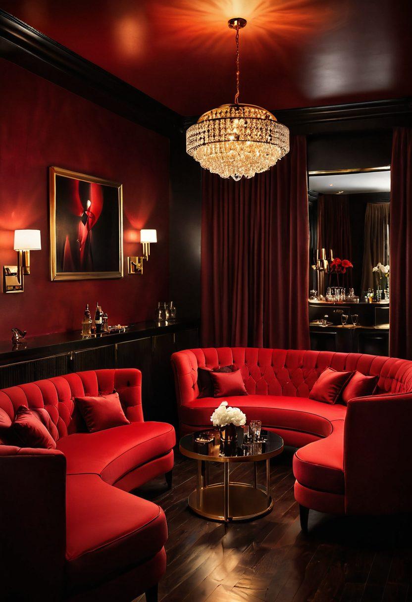 A sensual and inviting scene featuring a stylish lounge with an intimate ambiance, suggestive silhouettes in the background, and various adult entertainment elements like classy cocktails, plush seating, and mood lighting. Subtle hints of passion and desire through red and gold color palettes, with soft textures that evoke comfort and allure. perfect for sparking curiosity and inspiration. super-realistic. vibrant colors. moody lighting.