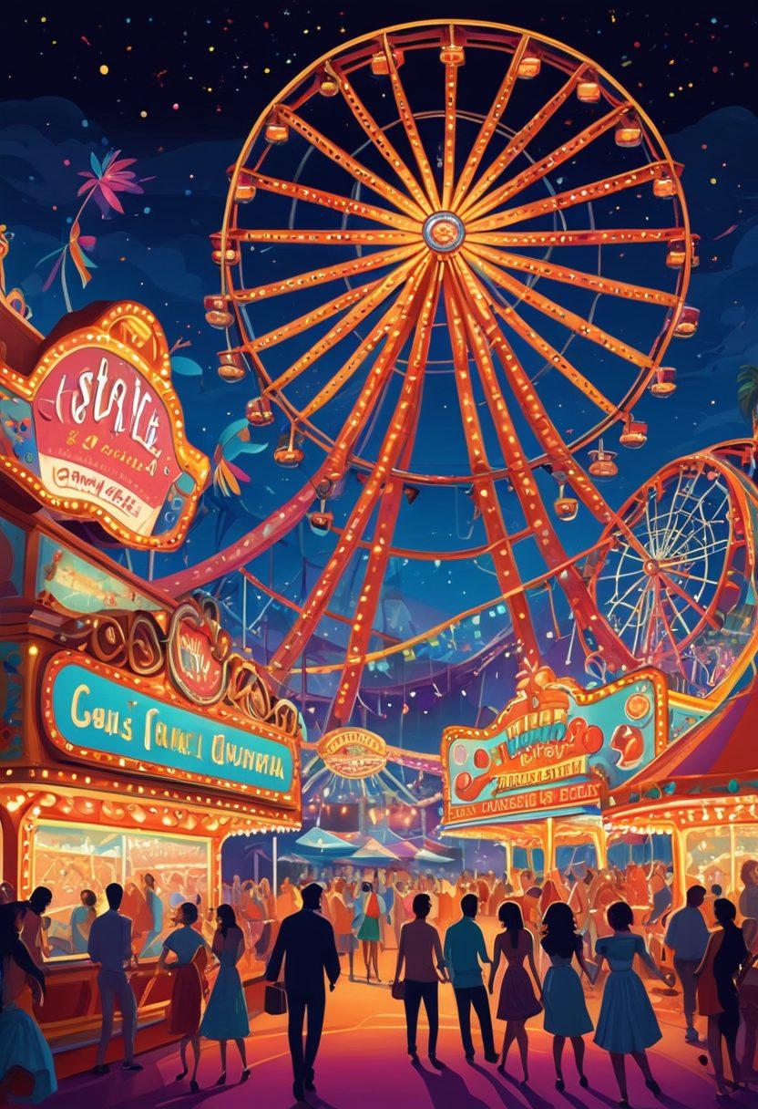 A whimsical illustration of a vibrant carnival scene at night, featuring playful characters engaging in various X-rated entertainment activities. The background is filled with colorful lights, a giant roller coaster, and couples enjoying themselves in a lively atmosphere. Include elements of mystery and allure, with hints of fantasy and fun. Use bold colors and a dynamic composition to evoke excitement. vibrant colors. cartoon style.