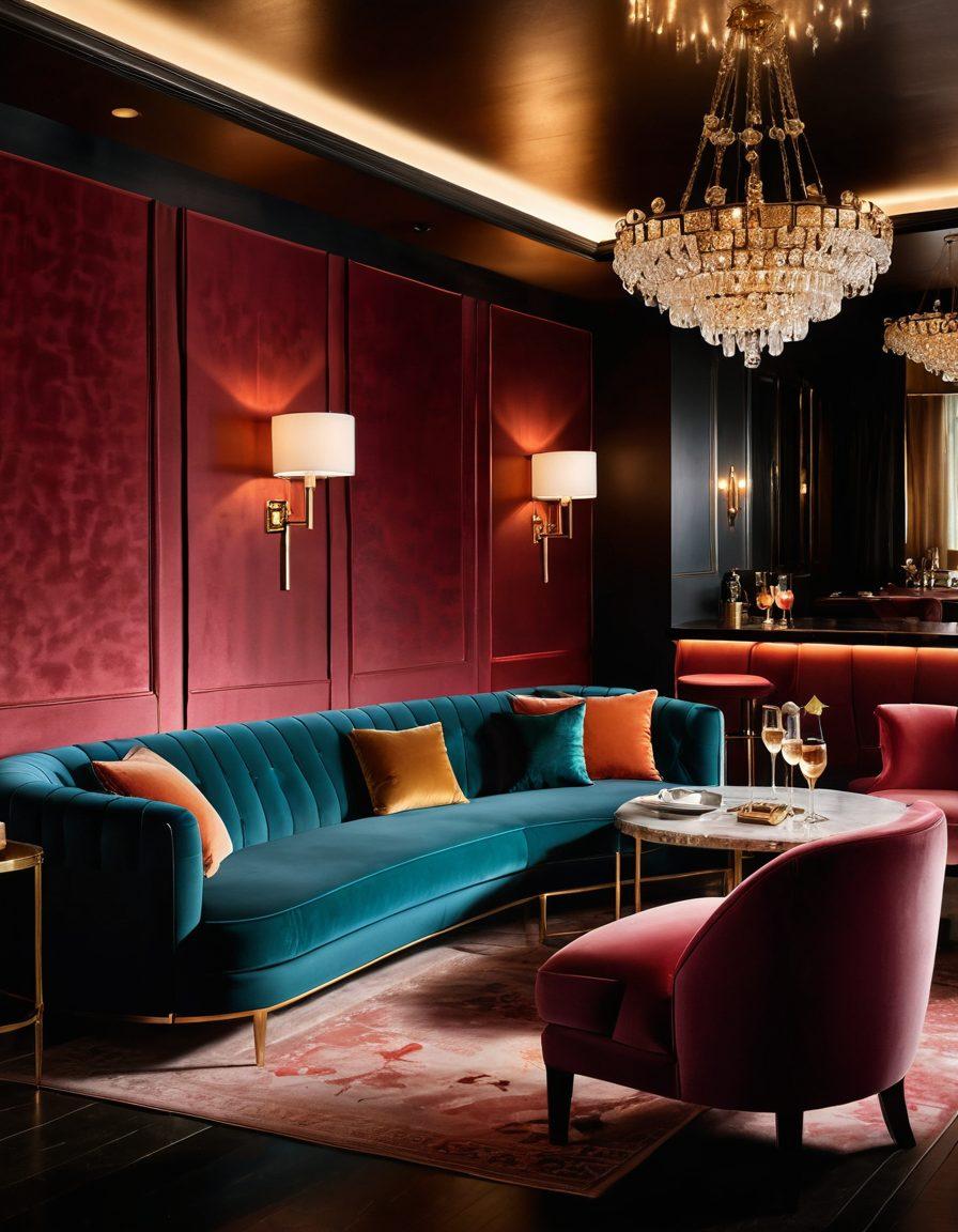 A captivating scene of an elegant lounge bathed in warm, seductive lighting, featuring plush velvet seating and soft, flowing fabrics. Silhouetted figures engage in flirtatious conversation, while a luxurious bar offers exquisite cocktails. Subtle hints of allure and temptation embellish the surroundings, creating an inviting atmosphere. The background hints at a tantalizing performance to unfold. vibrant colors. super-realistic.